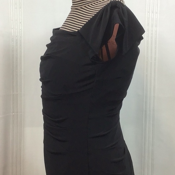 Lauren Black Ruched Lined Jersey with Cap and Bow Sleeves Cocktail Dress - Picture 5 of 16